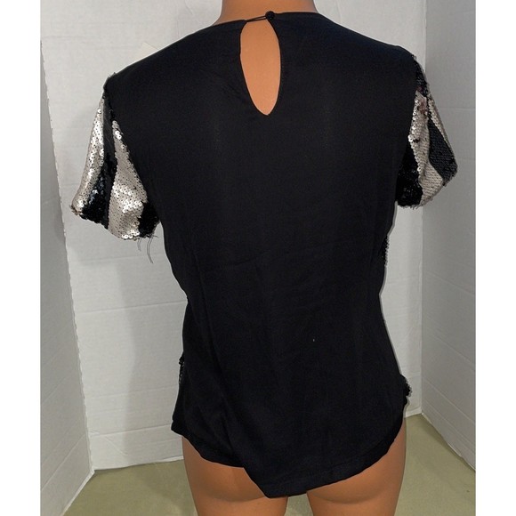 New-black white sequins beads evening formal cocktail blouse Top SM - Picture 5 of 7
